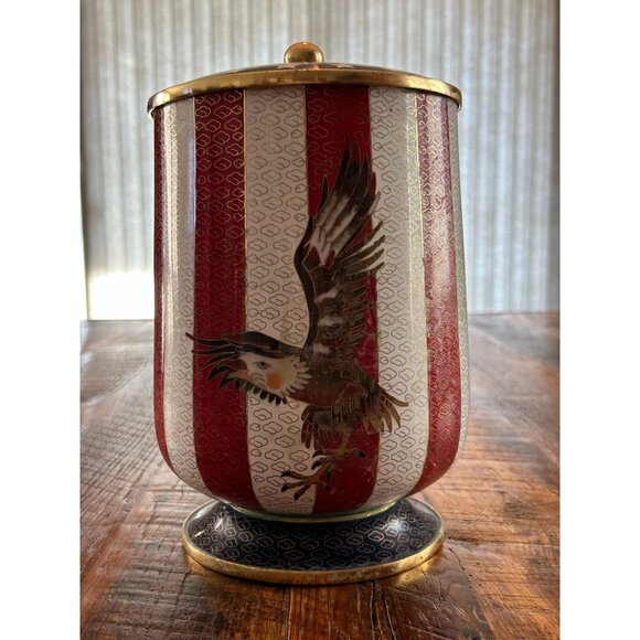 Patriotic Cloisonné  Striped Metal Eagle Adult Urn With Lid - Picture 4 of 12